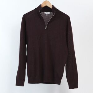 REISS Mens Maroon Merino Wool Knit Blackhall 1/4 Zip Mock Neck Sweater, Small
